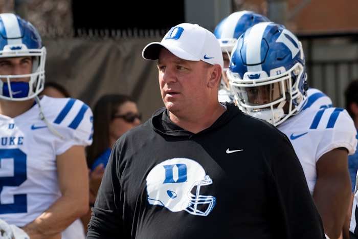 Duke Blue Devils head coach Mike Elko looks on prior to the first quarter against the Northwestern Wildcats at Ryan Field.